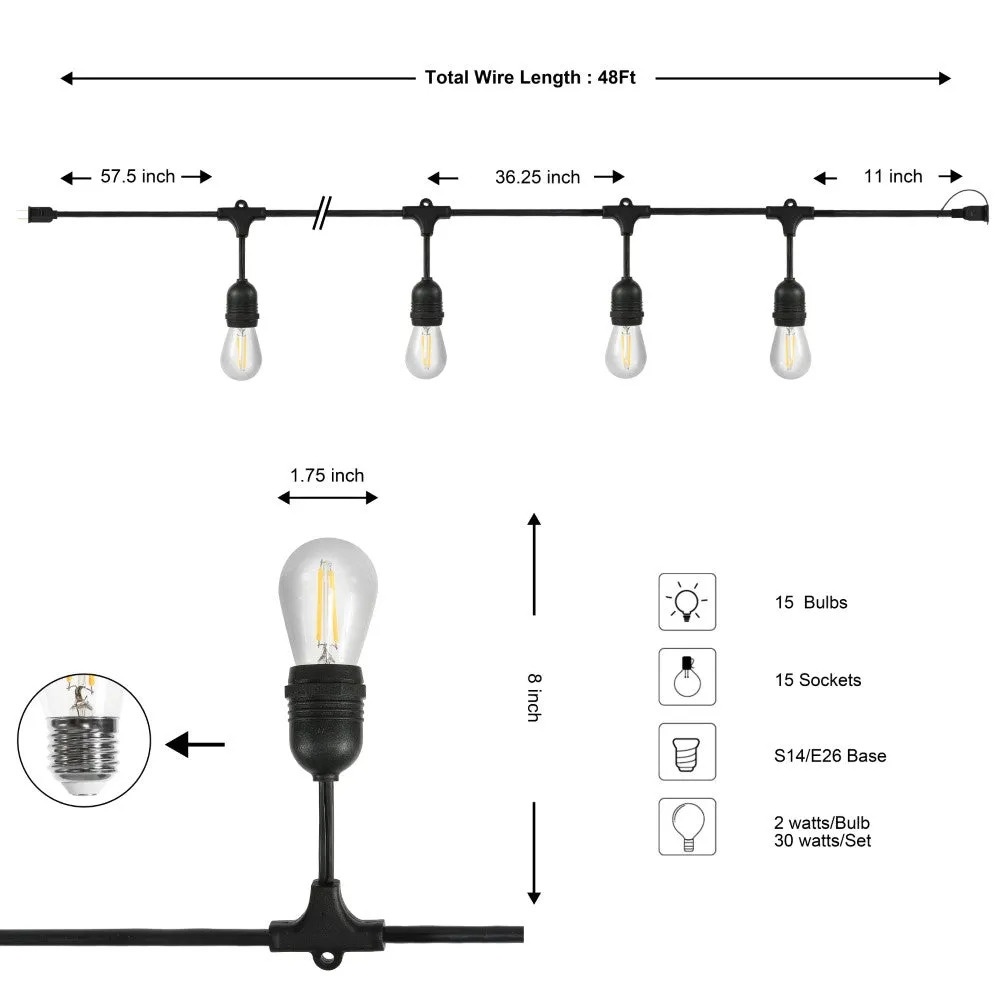 15-Light Indoor/Outdoor 48 ft. Rustic Industrial LED S14 Edison Buld String Lights