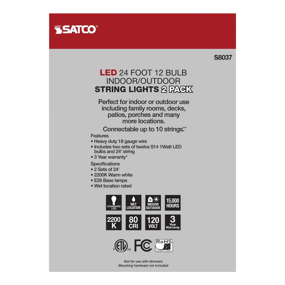 2 Pack, 24Ft, LED String Light; Includes 12-S14 bulbs, 2200K, 120 Volts