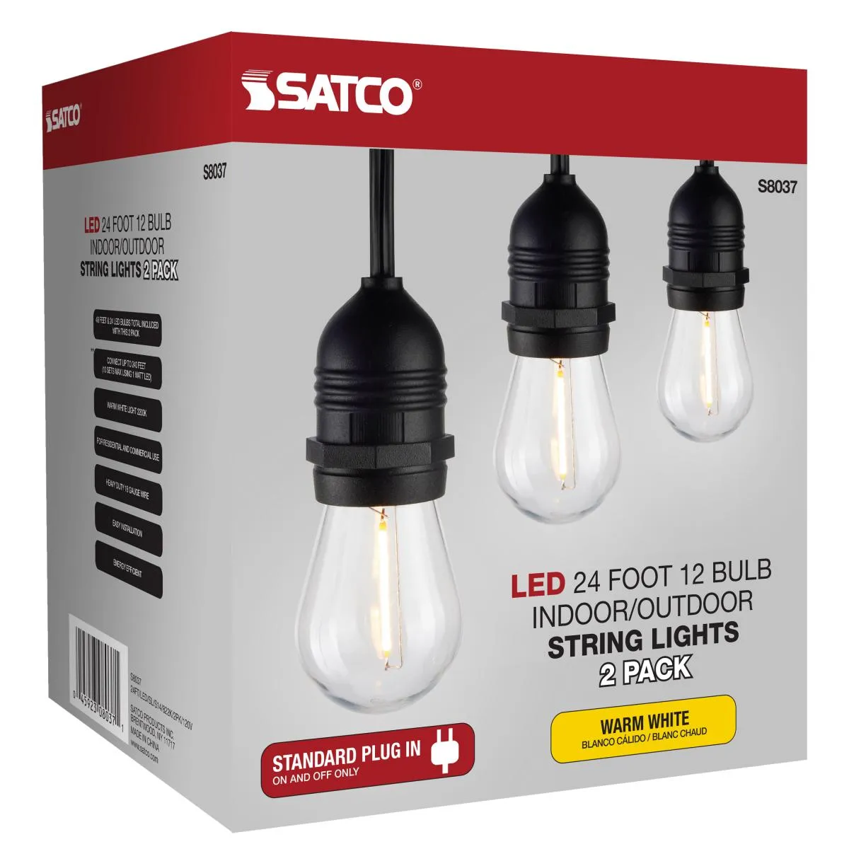 2 Pack, 24Ft, LED String Light; Includes 12-S14 bulbs, 2200K, 120 Volts