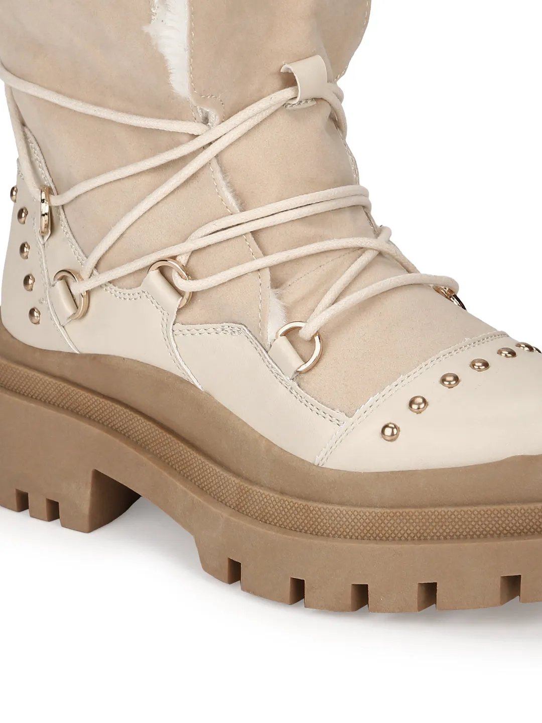 Beige PU Lace Up Snow Fur Boots