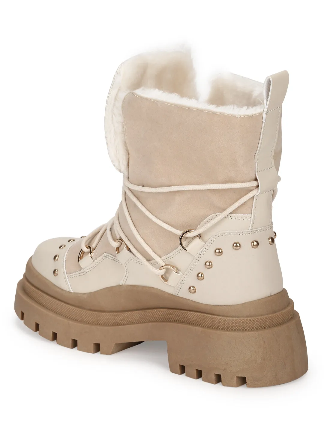 Beige PU Lace Up Snow Fur Boots