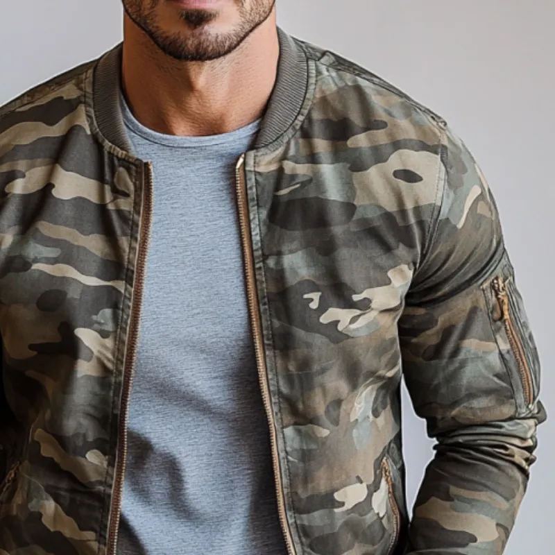 Men's Vintage Camouflage Print Crew Neck Bomber Jacket 42460870Y