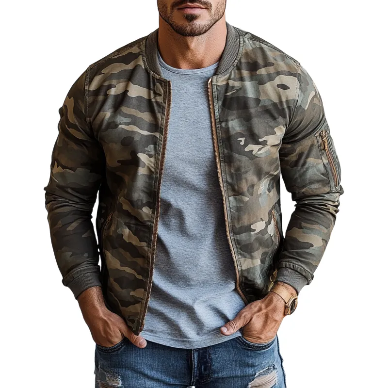 Men's Vintage Camouflage Print Crew Neck Bomber Jacket 42460870Y