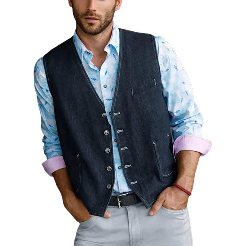 Men's Vintage Multi-pocket Single Breasted Denim Vest 45738527Y