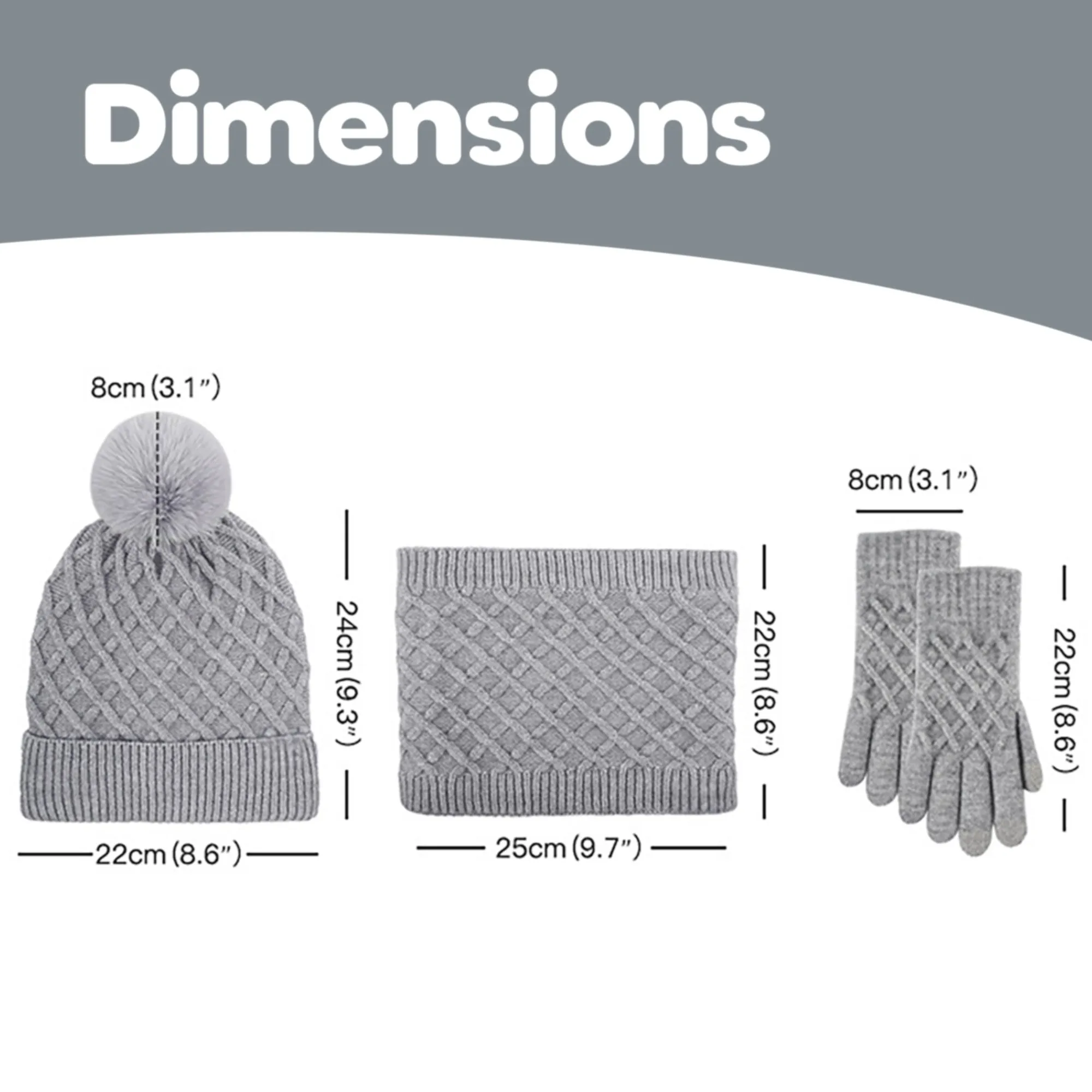 Unisex Winter Pom Pom Beanie Hat, Infinity Scarf and Glove Set