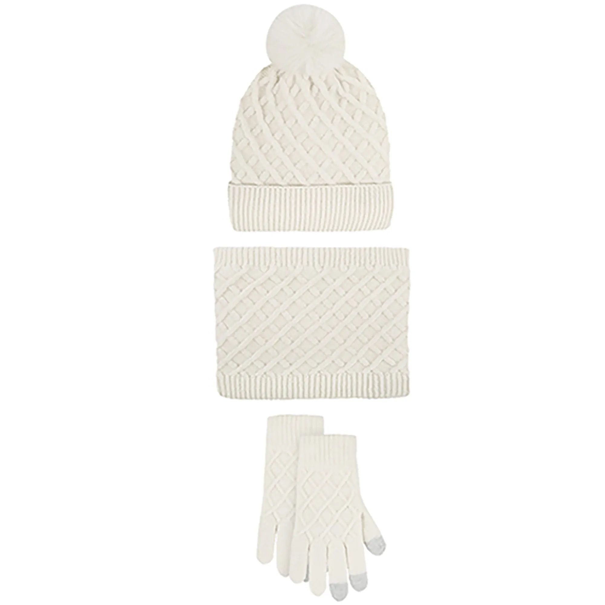 Unisex Winter Pom Pom Beanie Hat, Infinity Scarf and Glove Set