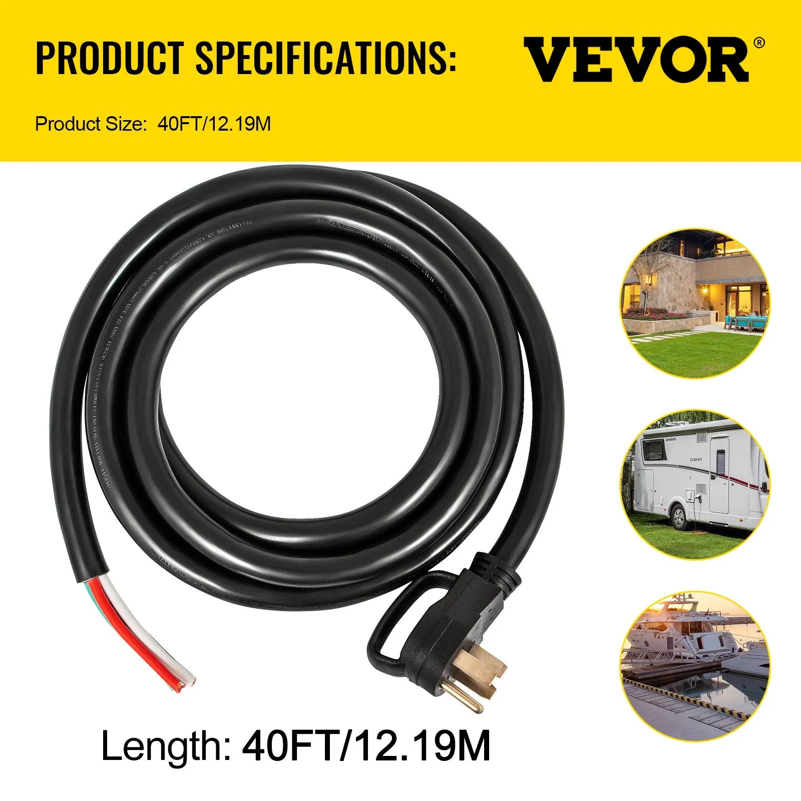 Vevor Generator Extension Cord N14-50P to Bare Wire 40 Ft 50 Amp 6 Gauge STW 6/3 8/1 New