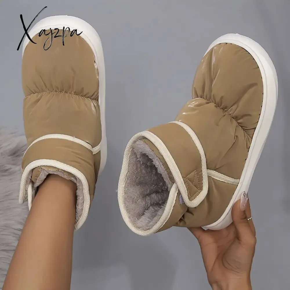 Xajzpa - Warm Thicken Plush Waterproof Snow Boots Women 2023 Hook Loop Winter Ankle Boots Woman Non Slip Thick Bottom Cotton Padded Shoes